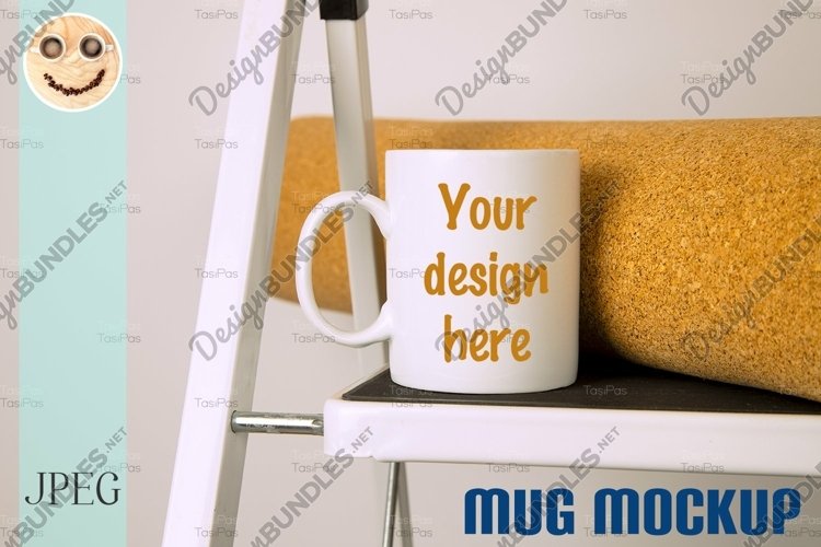 White coffee mug mockup with stepladder. example image 1