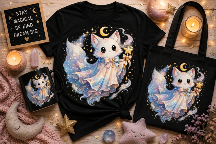 Cute Ghost Cat PNG | Magical Halloween Sublimation Design