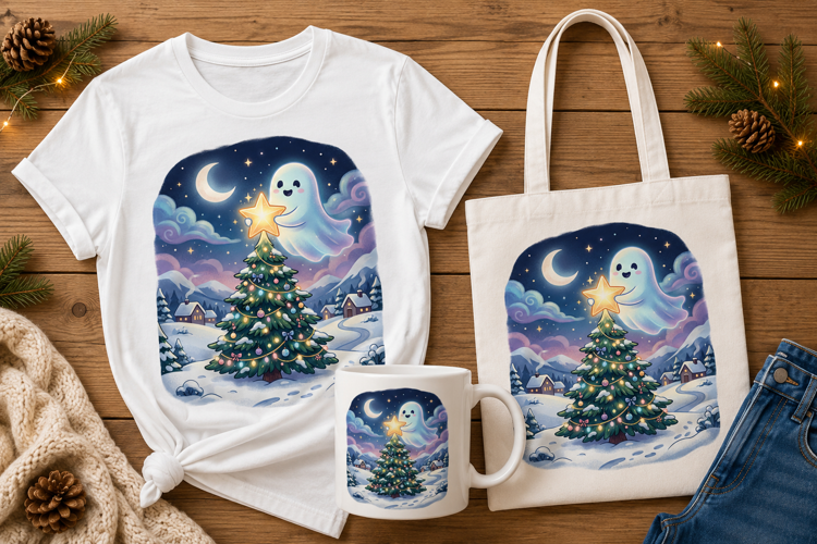 Cute Ghost Placing Star on Christmas Tree Winter Art