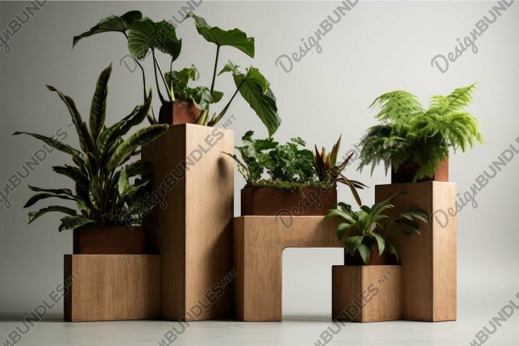 Modern indoor plants display on wooden pedestals example image 1