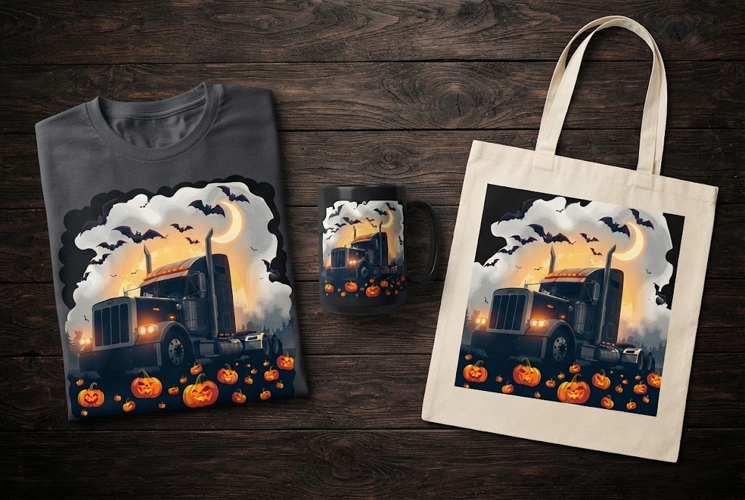 Spooky Semi Truck Halloween Design with Pumpkins and Bats