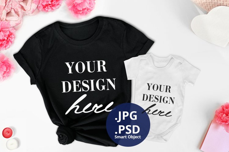 Valentines day Black t-shirt   Baby bodysuit Mockup PSD