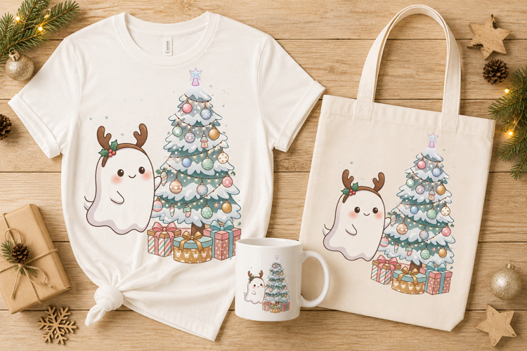 Cute Ghost Reindeer Antlers Pastel Christmas Tree Clipart