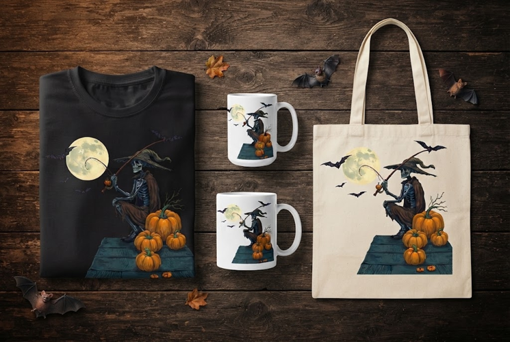 Skeleton Fisherman Halloween Design with Pumpkins and Moon