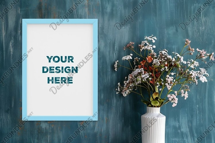 Frame mockup on grunge industrial wall with vase and flowers example image 1