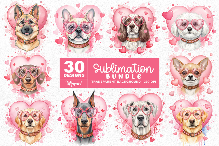 Cute Valentine Dogs with Heart Glasses PNG Bundle