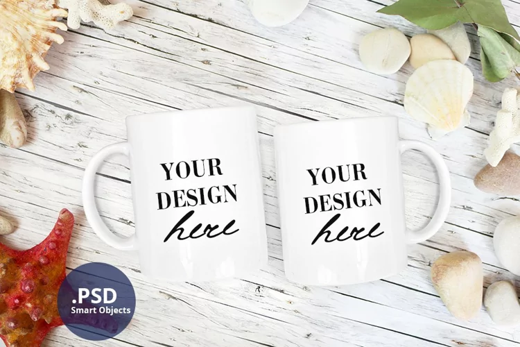 Two mugs mockup summer style, Beach style Double mug mockup