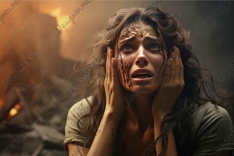Distressed woman in apocalyptic setting