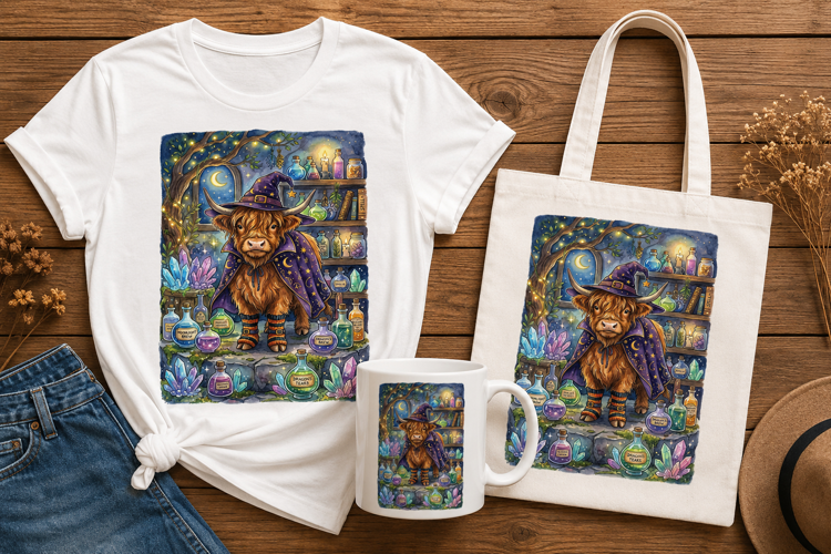 Highland Cow Wizard Potion Shop Magic Watercolor Art
