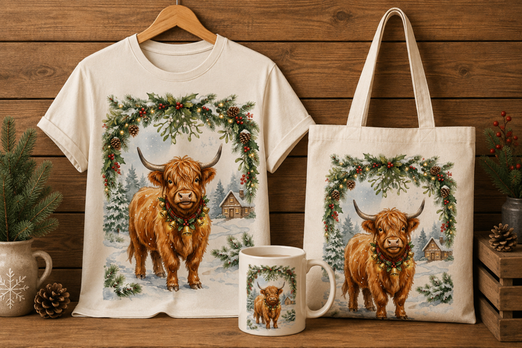Highland Cow with Christmas Bells Winter Holiday Art