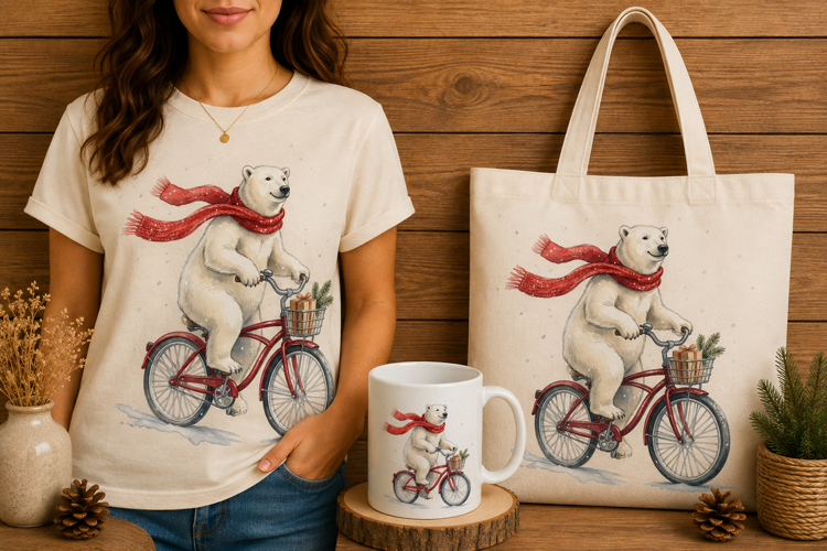 Watercolor Polar Bear Riding Red Bicycle Christmas Art