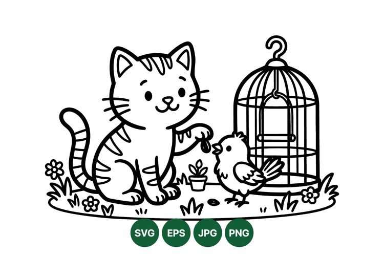 Hand Drawn Cat Feeding Bird SVG Clipart Design