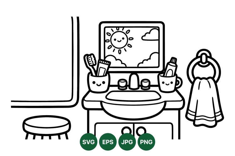 Cute Bathroom Sink Illustration Line Art Design
