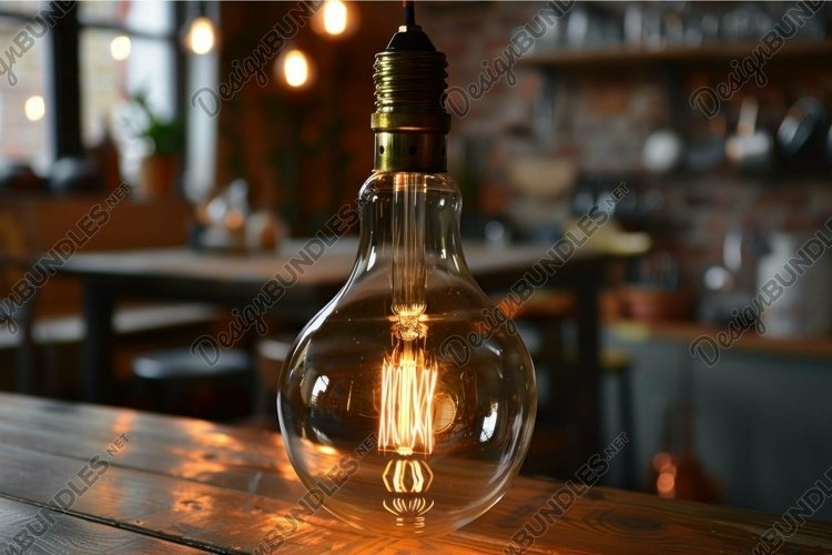 Vintage hanging lightbulb illuminating a wooden table in a r
