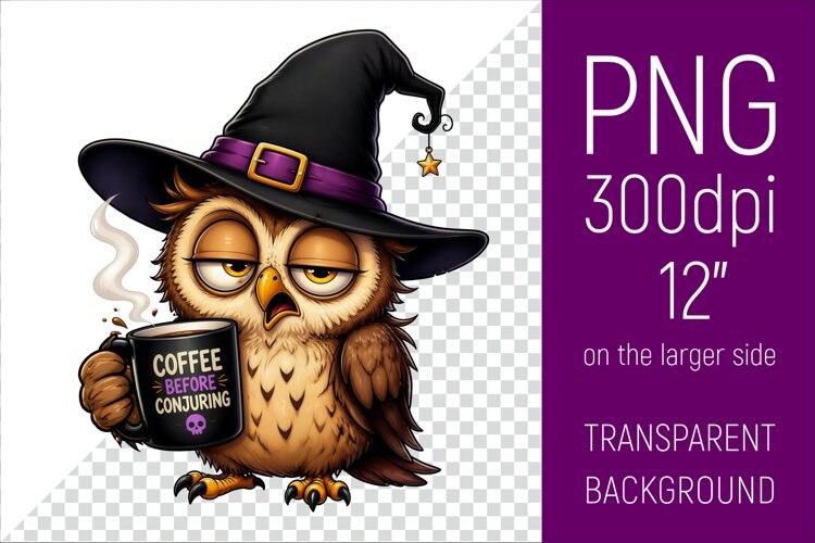 Funny Morning Coffee Owl in Witch Hat | Halloween Clipart example image 1