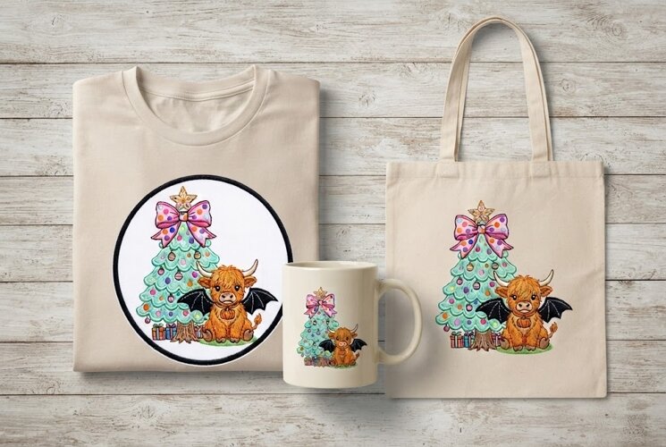 Spooky-Cute Embroidered Highland Cow Bat Wings Art Print example image 1