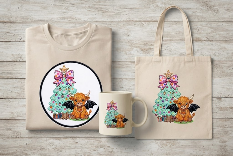 Spooky-Cute Embroidered Highland Cow Bat Wings Art Print