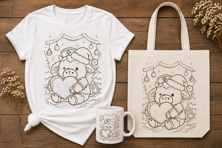 Christmas Nurse Cow Heart Coloring Page Line Art