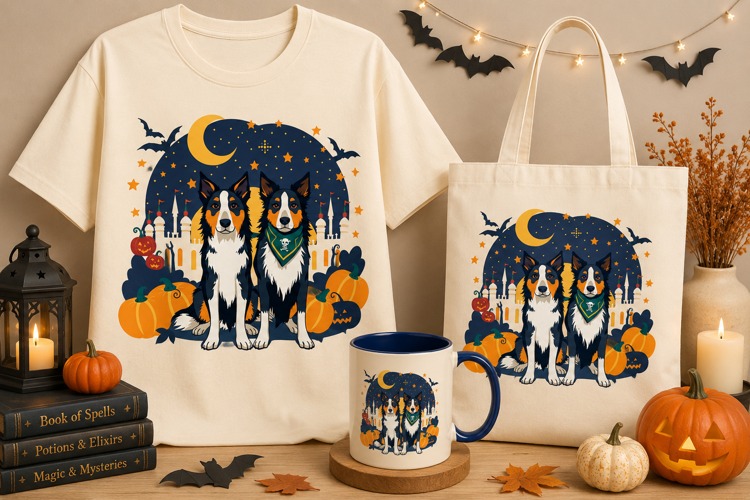 Halloween Dogs PNG | Border Collie, Pumpkins & Moon