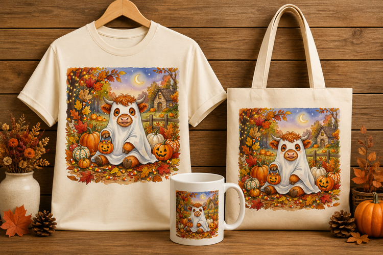 Baby Highland Cow Trick or Treat Ghost Costume Art Print