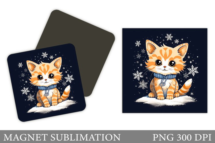 Winter Cat Magnet Design. Cute Cat Magnet Sublimation example image 1