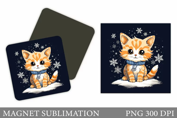 Winter Cat Magnet Design. Cute Cat Magnet Sublimation