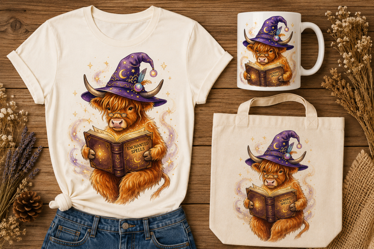Highland Cow Wizard Reading Spellbook Magic Art