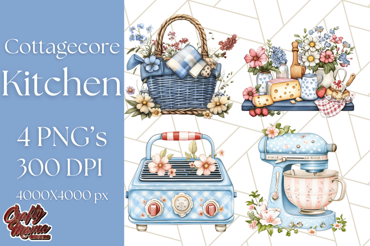 Blue Cottagecore Kitchen Clipart, Vintage Country Floral Png