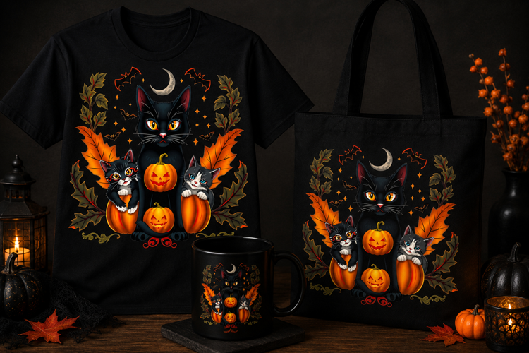 Halloween Black Cat Family PNG | Pumpkin Kitty Clipart