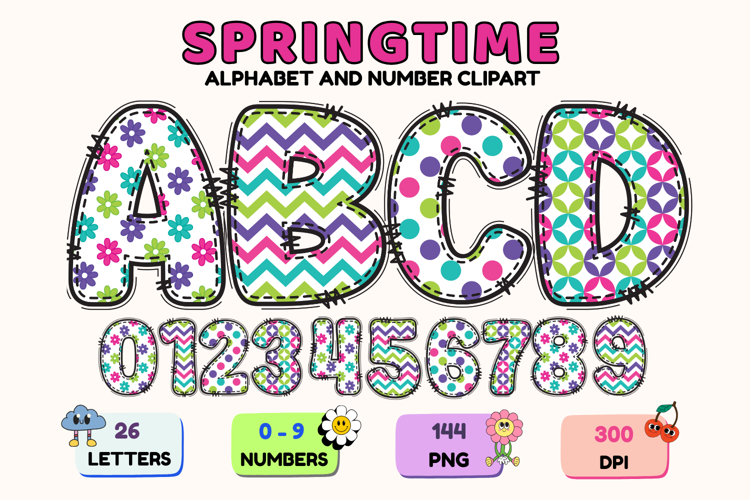 Springtime Alphabet png, letters doodle, springtime clipart