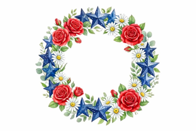 Watercolor patriotic wreath with red roses Memorial Day