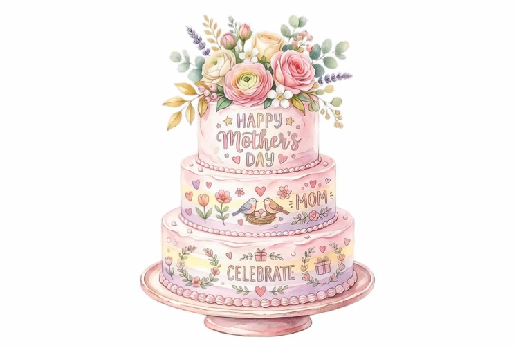 Watercolor celebration cake with pink frosting, fresh flower