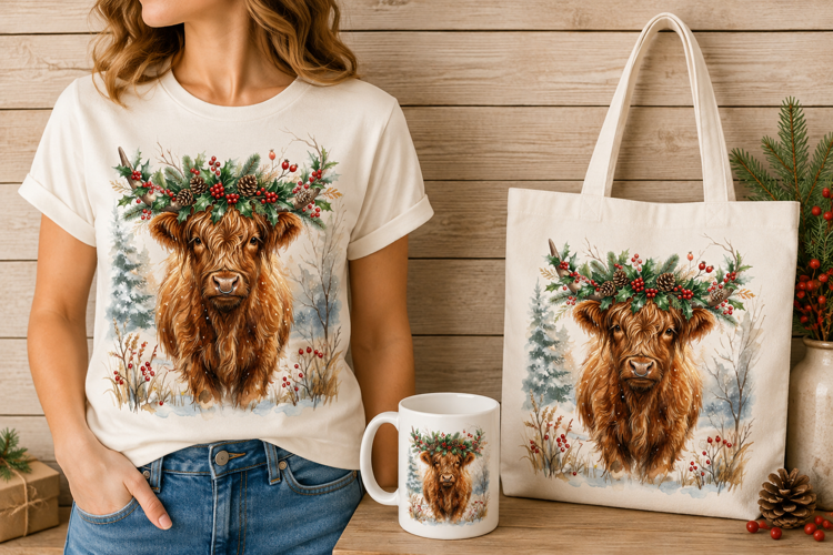 Highland Cow Holly Berry Wreath Nose Ring Christmas Art