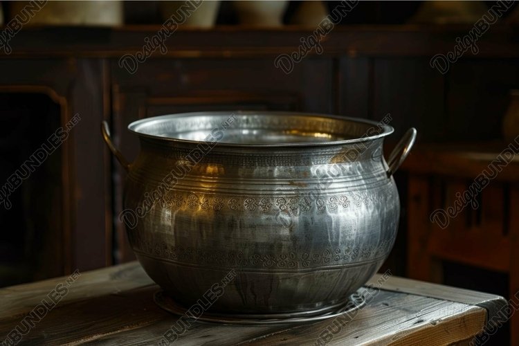 Antique metal pot sitting on rustic wooden table in workshop example image 1