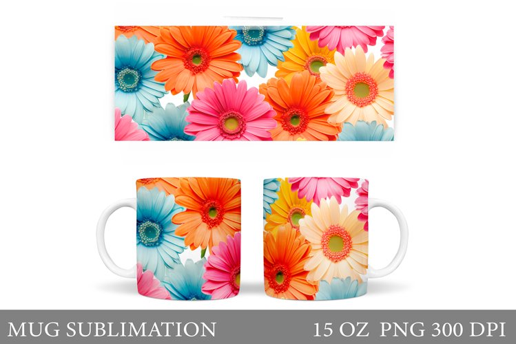 Rainbow Gerbera Mug Sublimation. Daisy Flowers Mug Wrap