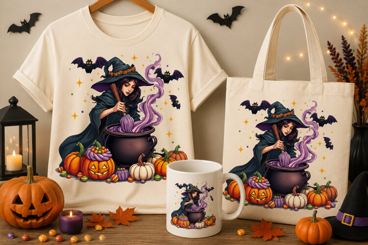 Halloween Witch PNG | Magical Witch Brewing Purple Potion example image 1