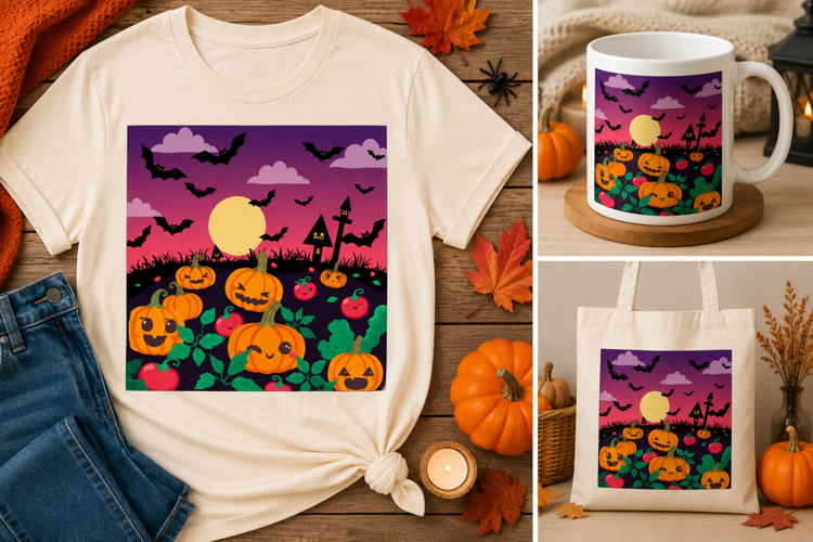 Cute Halloween Pumpkin Patch PNG | Bats Spooky Night Scene