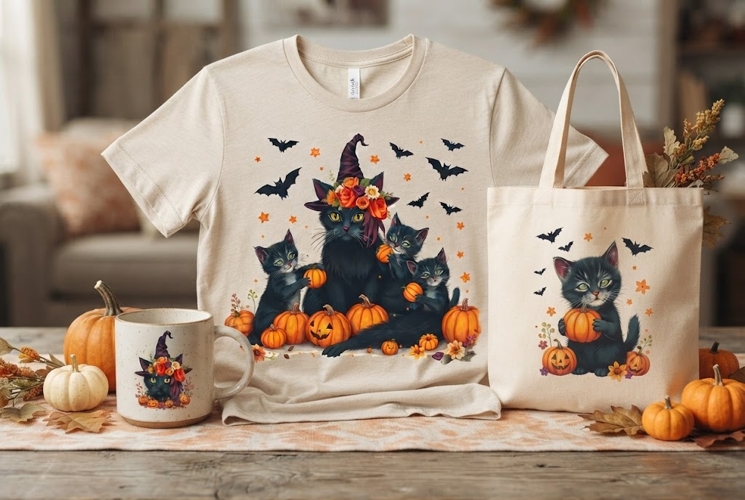 Halloween Cat Mom PNG | Black Cat Family Pumpkin Clipart
