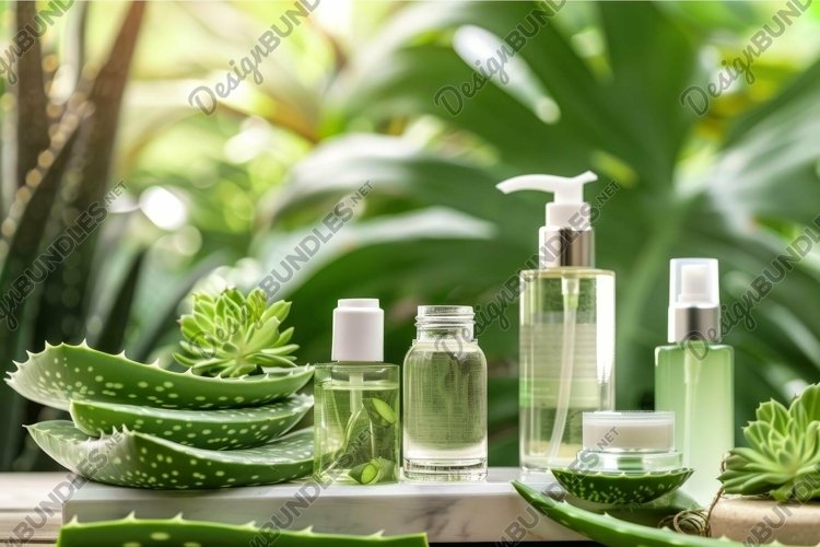 Natural aloe vera skincare products on tropical background example image 1