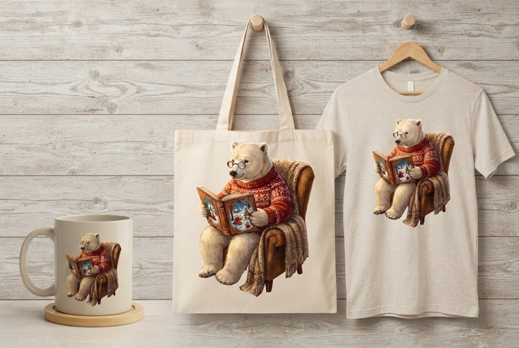 Cozy Polar Bear Reading Book Christmas Art Print PNG