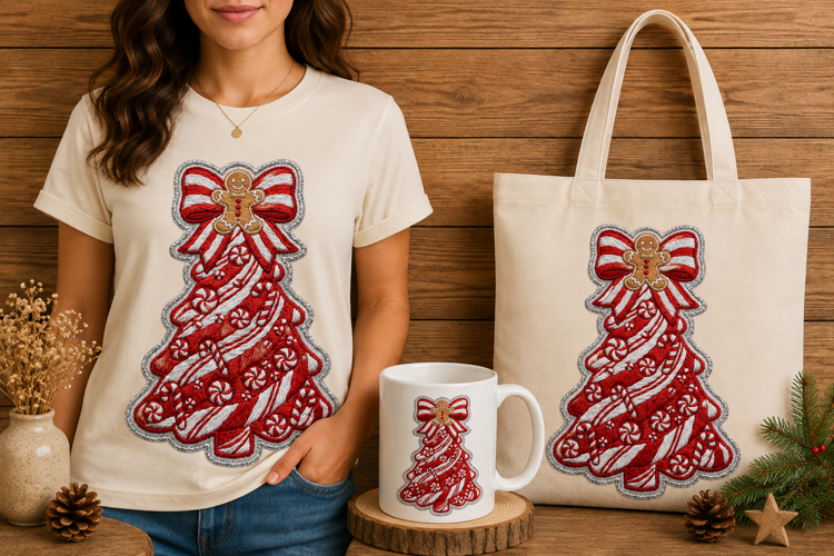 Gingerbread Candy Cane Christmas Tree Embroidery Design