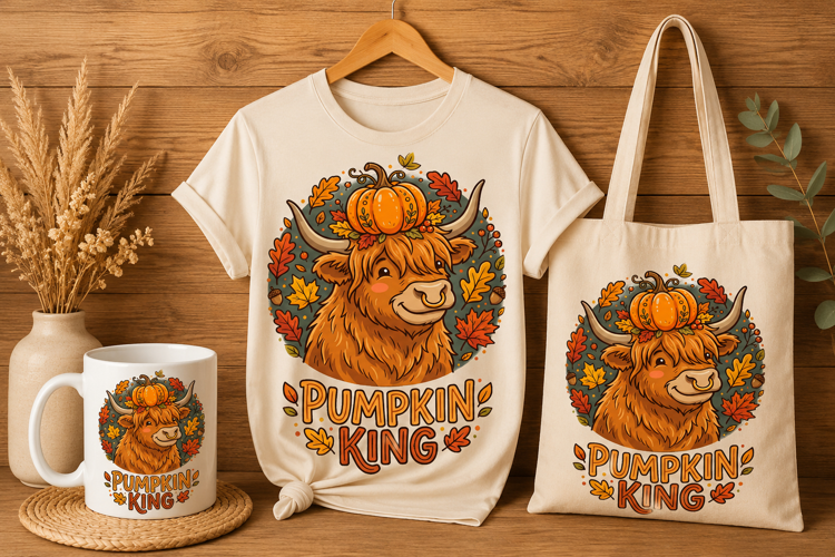 Pumpkin King Highland Cow Fall Autumn Quote Art PNG