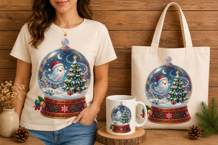 Cute Ghost Santa Hat Christmas Snow Globe Art Print