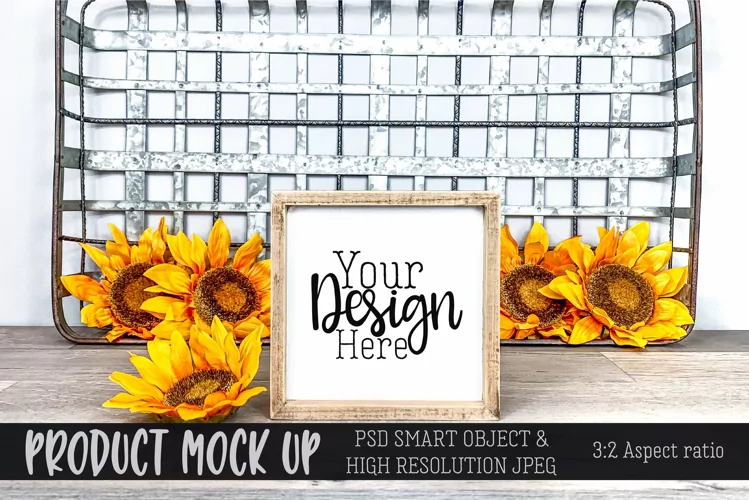 Square wood sign Sunflowers MOCK UP | PSD & JPG