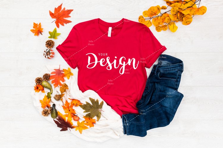 Bella Canvas 3001 Red T-shirt Mockup for Fall example image 1