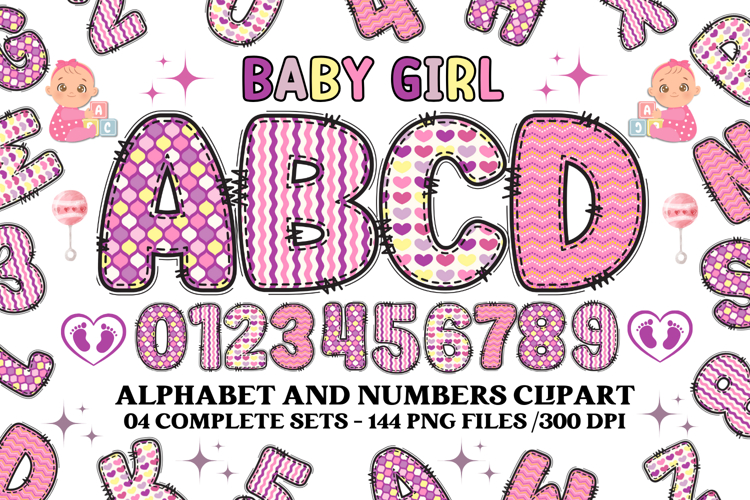 Baby Girl Alphabet, baby girl letters doodle, baby clipart