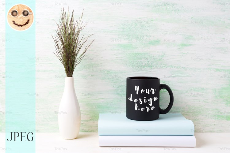 Black coffee mug mockup with dark meadow grass in vase example image 1