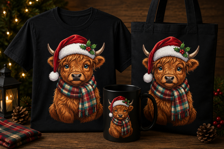 Cute Highland Cow Santa Hat PNG Christmas Winter Clipart