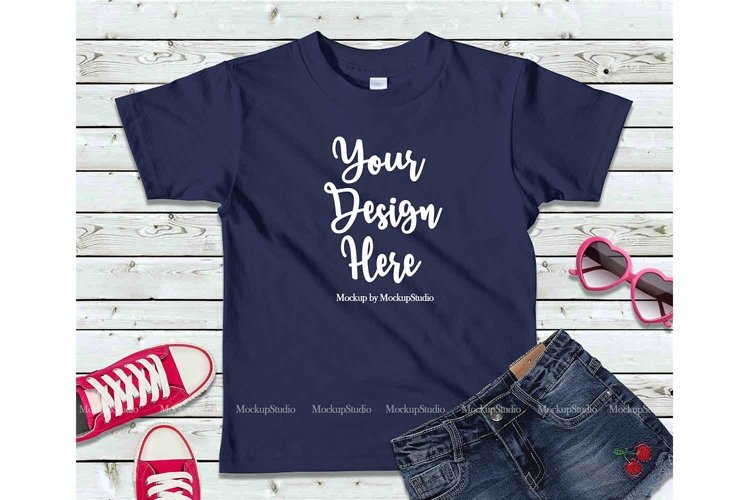 Kids Navy Tshirt Mock Up Girls Teen Flat Lay Tee Display example image 1