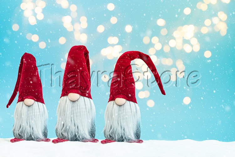 Noel gnomes elfes on snowy background.